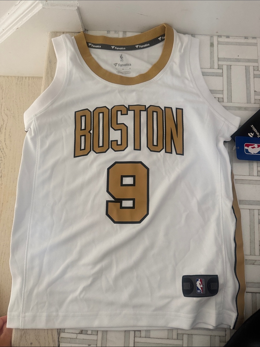Fanatics White and Gold Boston #9 Kids Basketball Jersey